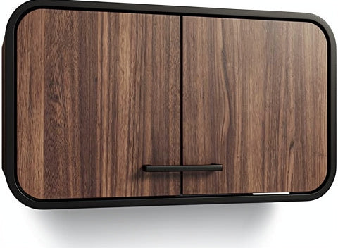 **Technische titel in het Nederlands: Moderne wandkast met houten afwerking en zwarte accenten**